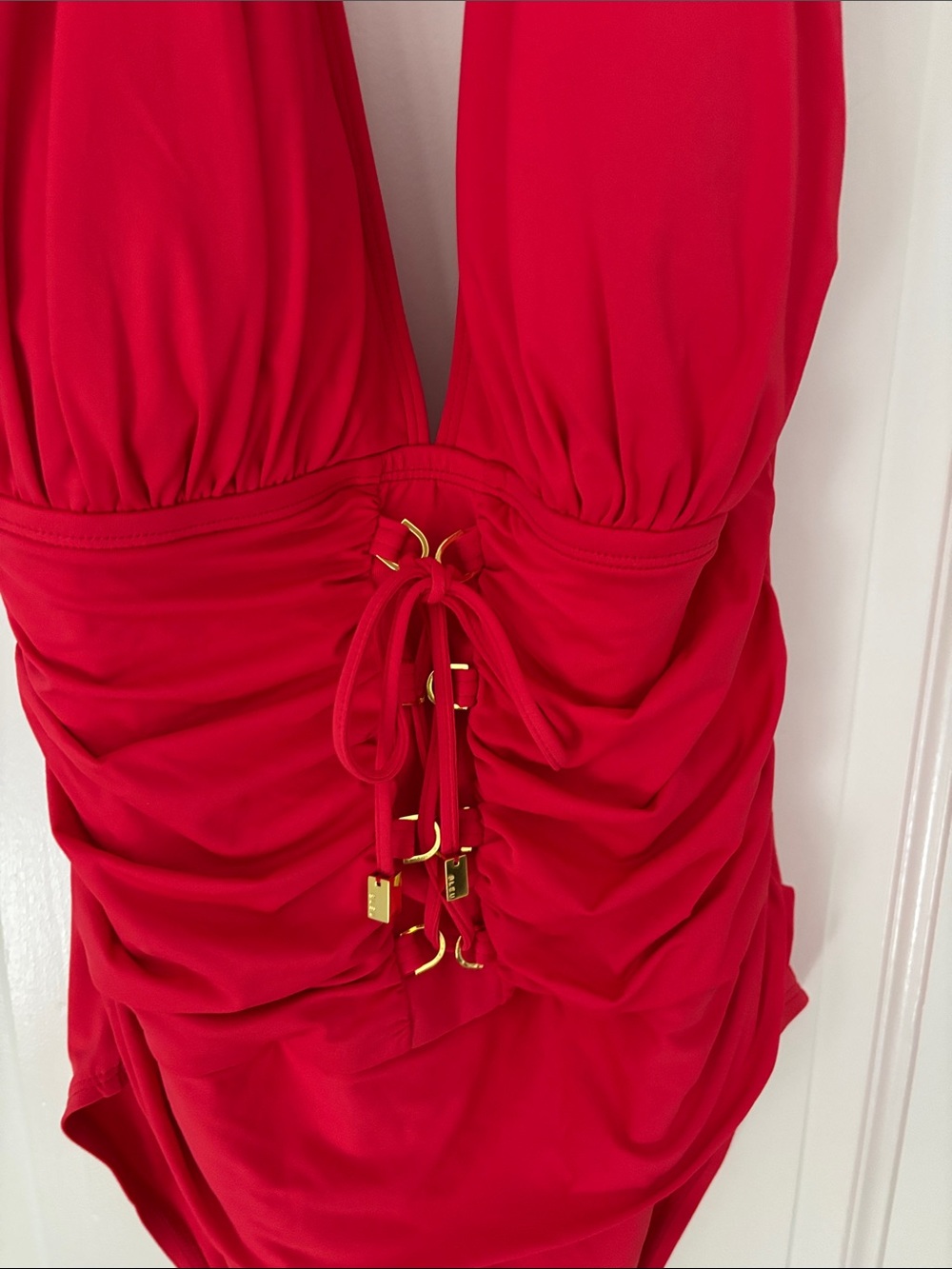 Rod Beattie Bleu brand Red Halter One-Piece Swimsuit with Ruched Tie Front